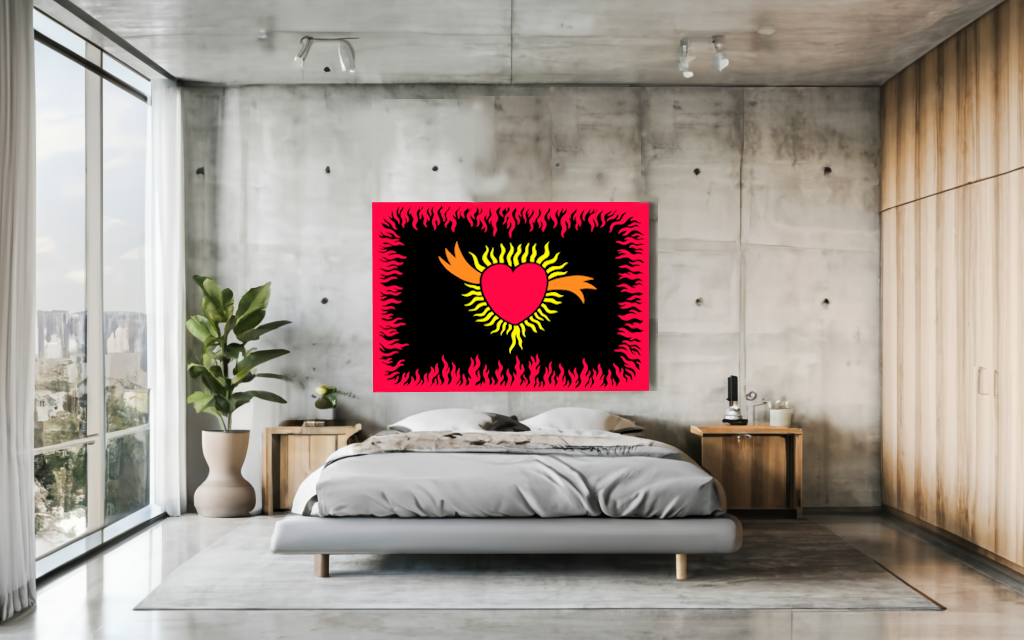 Corazon en fuego/ Heart in fire/ Herz in Flamen ,130 x 97, Acrylico fluorescente en lienzo; Schwarzlichtfarben Bild auf Leinwand; Blacklight Picture on Line;